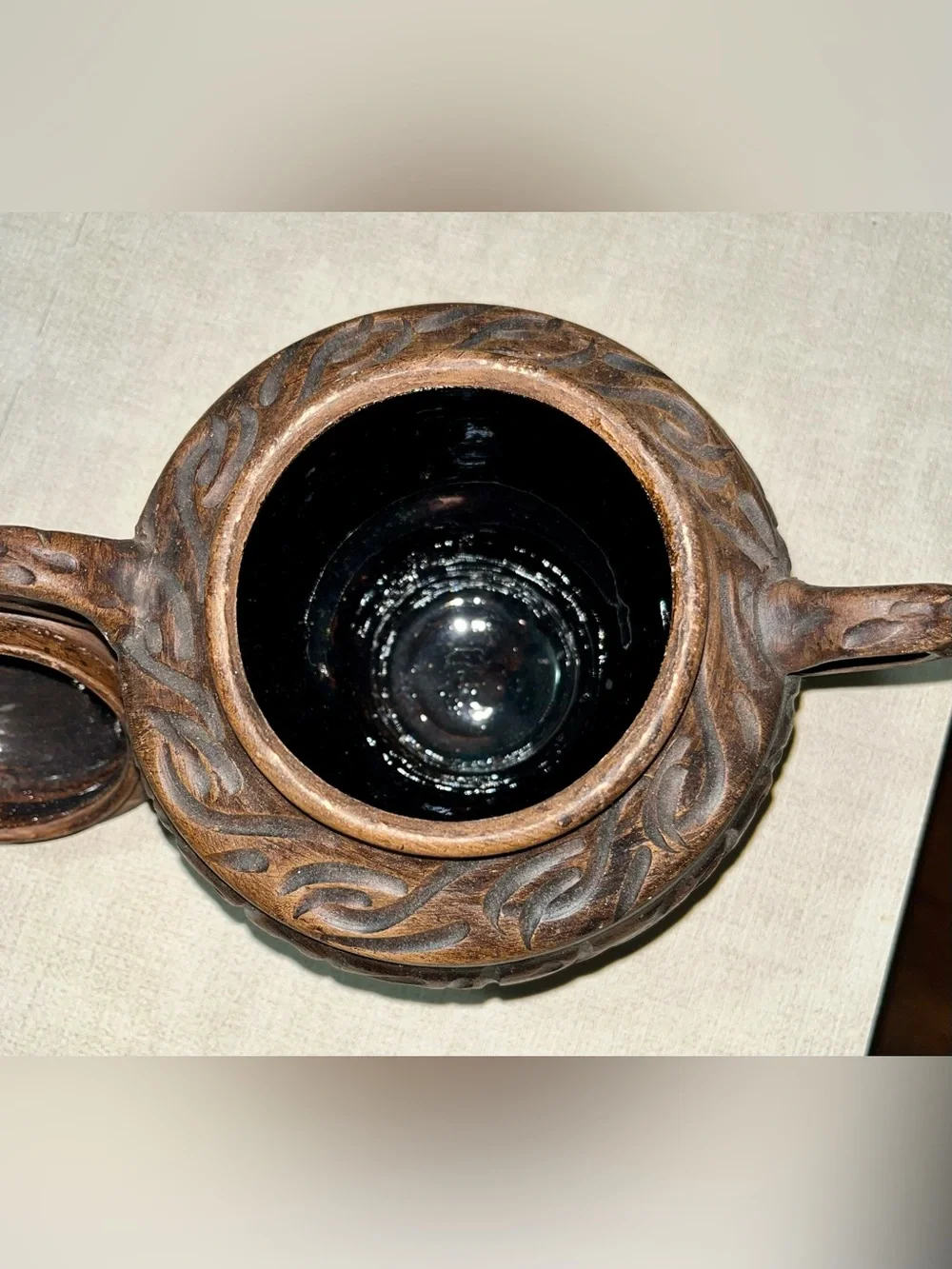 Vintage Hand-Carved Rustic Clay Covered Pot